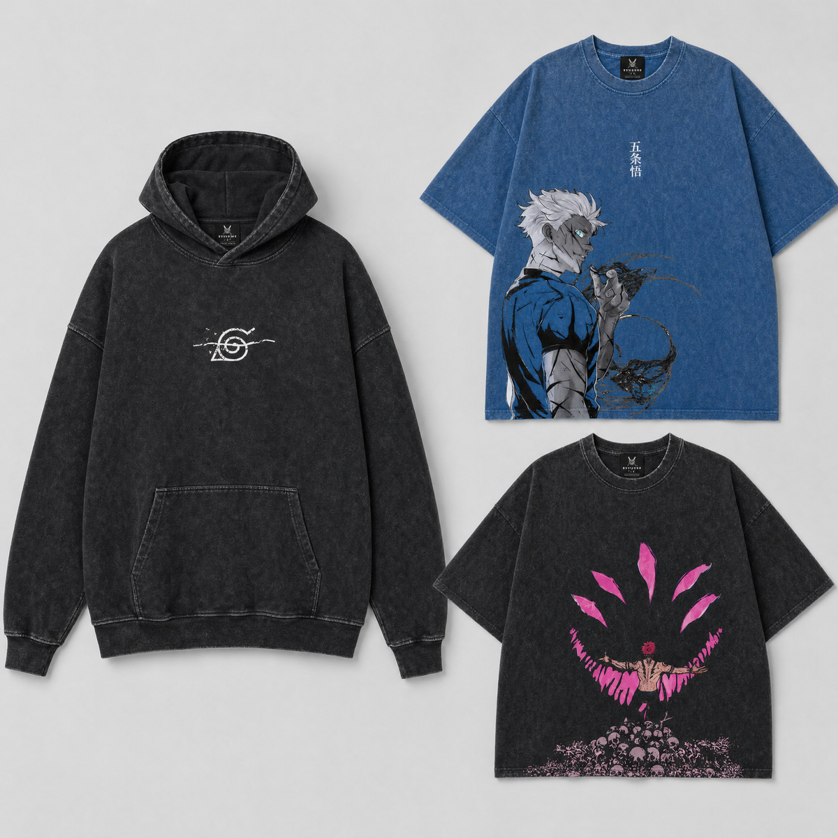 Mix & Match 3-Pack: ByShonen hoodie and two tees laid flat